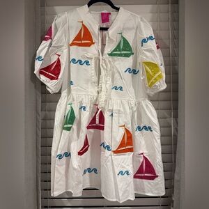 QUEEN OF SPARKLES White Sailboat Embroidered Smock Dress with Multicolor Boats